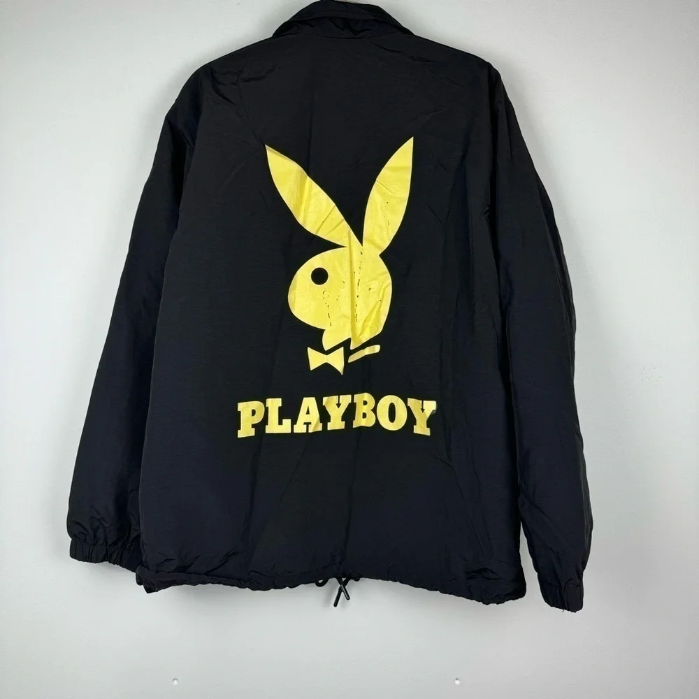 PLAYBOY by Pacsun Snap Nylon Jacket  Bunny Logo Jacket, Black & Yellow, Medium